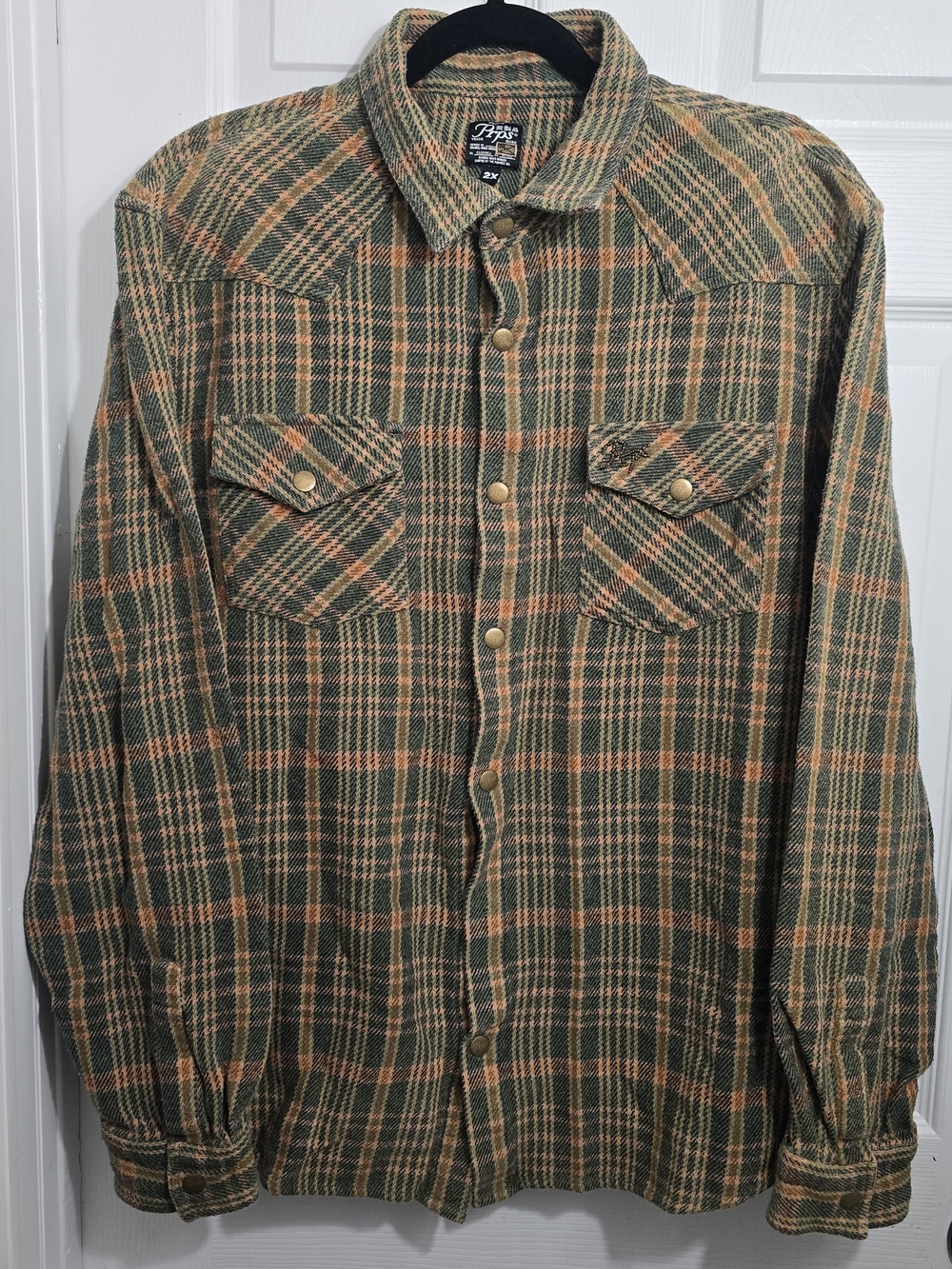 PRPS Plaid Flannel Western Shirt Men's Size 2X Olive Green Tan Snap Button